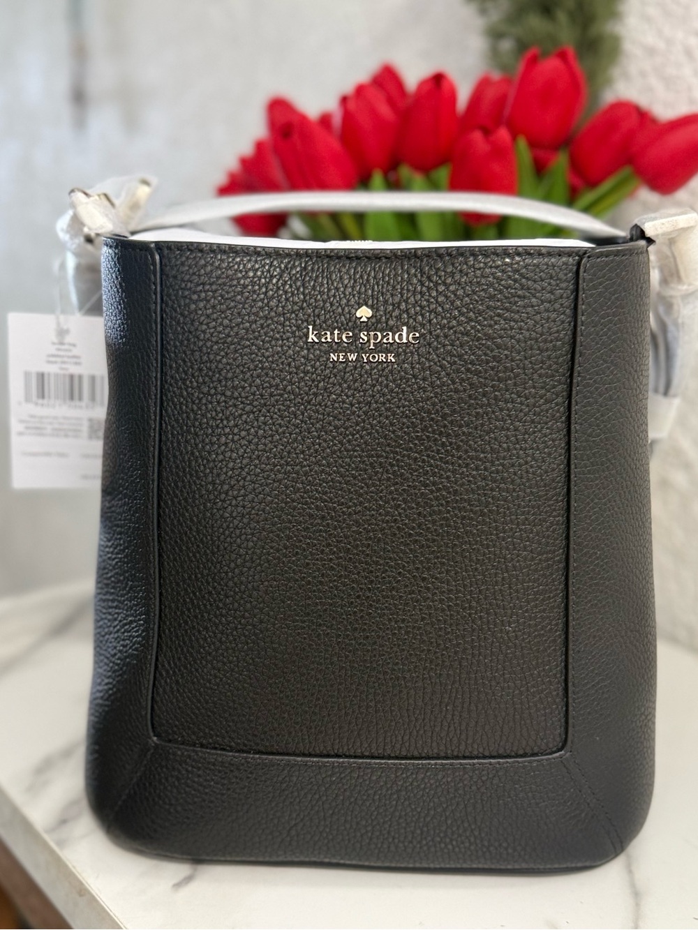 Kate Spade Lena Bucket Bag Black Pebbled Leather Gold Hardware NWT